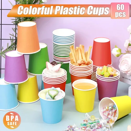 Vista 11 de KesaPlan 60 vasos de papel desechables de 9 onzas, vasos de plástico para fiestas, vasos de papel arcoíris, 6 colores para bebidas frías calientes