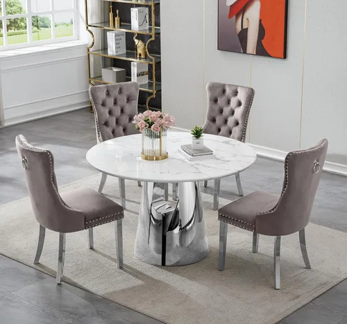 Vista 27 de Juego de 5 mesas de comedor, juego de mesa de cocina y comedor para 4, mesa de cocina rectangular de mármol sintético blanco de 47 pulgadas con base