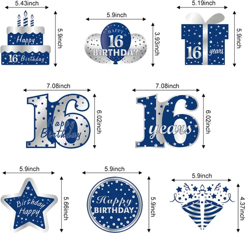 Vista 3 de Decoraciones colgantes de 16 cumpleaños azul y plateado para niños, 16 piezas de feliz cumpleaños de 16 años, suministros de fiesta de remolinos