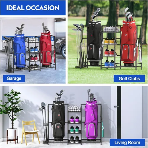 Vista 6 de samstar Organizador de garaje de almacenamiento de golf, soporte de almacenamiento para bolsas de golf, 2 bolsas de golf y accesorios para equipos