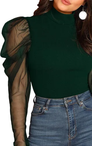 Vista 4 de Blusa Romwe para mujer, con mangas bombachas de red, cuello alto, ajustada, para fiesta