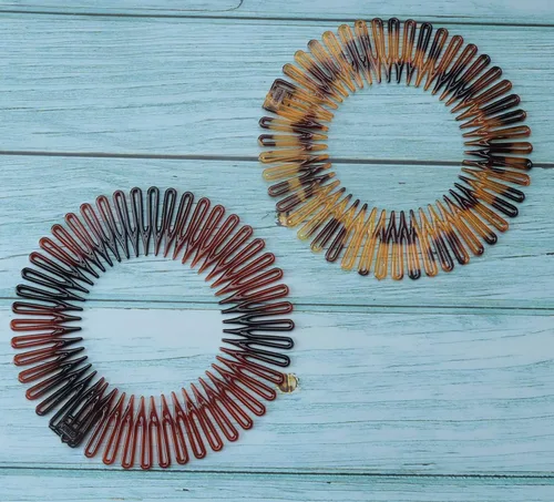 Vista 6 de Sowaka 4 piezas de peine elástico circular de plástico negro marrón círculo primavera diadema flexible soporte para el cabello peine para mujeres