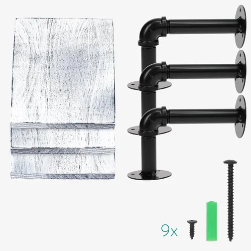 Vista 5 de Navaris Juego de estantes industriales para tuberías, 3 estantes pequeños de madera con soportes de tubo negros, estantería de madera montada