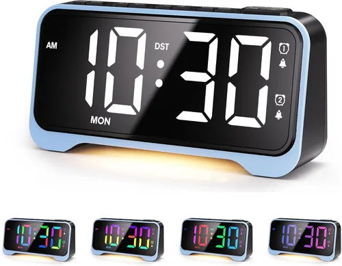 Vista 11 de Mesqool Reloj despertador súper fuerte para dormitorios, modo de fin de semana/día de la semana, atenuador, repetición, 12/24 horas, horario de Negro