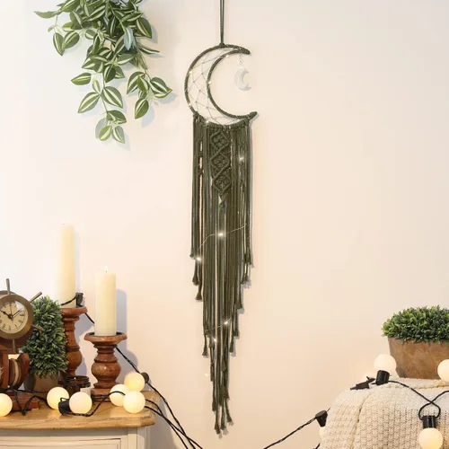 Vista 13 de Atrapasueños de luna de macramé para niña, atrapasueños de media luna azul estilo bohemio para dormitorio de adultos, adorno hecho a mano