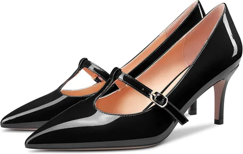 Vista 4 de Aachcol Zapatos de tacón de aguja medio bajo para mujer, con correa en T, sin cordones, puntera puntiaguda, zapatos de vestir para oficina, fiesta