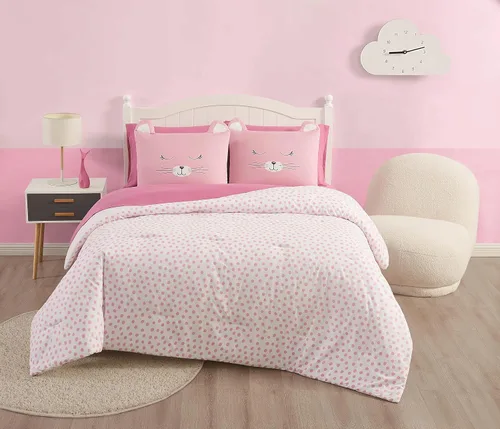 Vista 5 de My World Colección Cat Nap, cama de 7 piezas en una bolsa, tamaño matrimonial, rosa/blanco