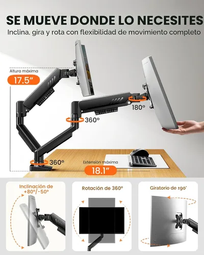 Vista 4 de ErGear Brazo de monitor doble, soporte de monitor ajustable completo para pantallas de 13 a 32 pulgadas, soporte de monitor de computadora