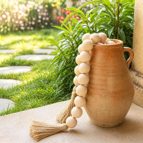Vista 7 de OMISHE Guirnalda de cuentas de madera extra grande con cuentas de madera y borlas de 1.6 pulgadas de diámetro, cuentas decorativas rústicas de 41