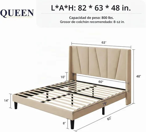 Vista 2 de Allewie Base de cama de plataforma tamaño Queen con cabecera geométrica con respaldo de alas, cama tapizada bohemia con soporte de listones de Beige