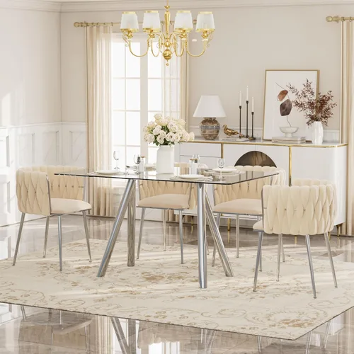 Vista 11 de Glam Style - Juego de mesa de comedor de 5 piezas para 4, mesa de comedor rectangular de vidrio templado de 51 pulgadas con base de metal dorado