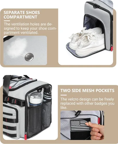 Vista 6 de MCBD Bolsas de gimnasio para hombres y mujeres, mochila deportiva de viaje de 45 litros con zapatos y compartimento para laptop, bolsa de transporte