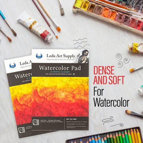 Vista 6 de Leda Art Supply Papel de acuarela prensado en caliente, paquete de 2 (24 hojas) de 300 gm – 140 libras, 25% algodón, fino papel de acuarela de arte