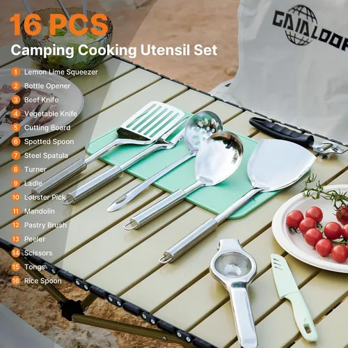Vista 2 de Gaialoop Juego Portátil de Utensilios de Cocina para Acampar, Equipo de Cocina de Campamento y de Fogata, Esenciales para RV, Accesorios Imperdibles