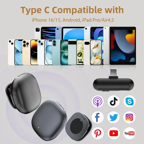 Vista 7 de Micrófono de teléfono con filtro de ruido AI, micrófonos inalámbricos Lavalier para iPhone 17 Android con funda de carga, micrófono de solapa