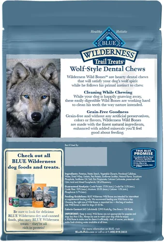 Vista 2 de Blue Buffalo Wilderness Wild Bones - Golosinas dentales masticables sin granos, tamaño mediano, bolsa de 27 onzas Reduces Tartar & Plaque