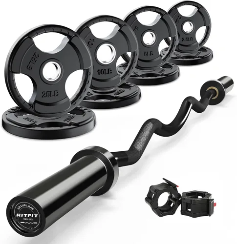 Vista 7 de RitFit Barra de rizo EZ de 2 pulgadas con pesas, capacidad de peso de 350 libras, barra olímpica para ejercicios de bíceps, tríceps y levantamiento