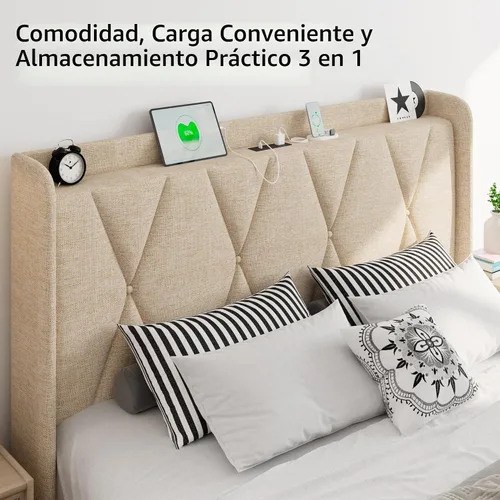 Vista 3 de iPormis - Marco de cama de tamaño matrimonial con 4 cajones de almacenamiento, base de cama tapizada con estación de carga, cabecera de Beige