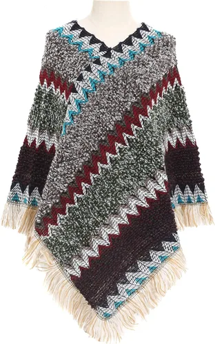 Vista 5 de SherryDC Poncho con flecos de punto en zigzag para mujer