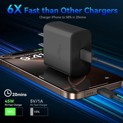 Vista 3 de Cargador para iPhone 16 Pro Max de carga rápida, bloque de cargador de pared USB C de 45 W con cable de carga larga USB C a USB C de 6 pies