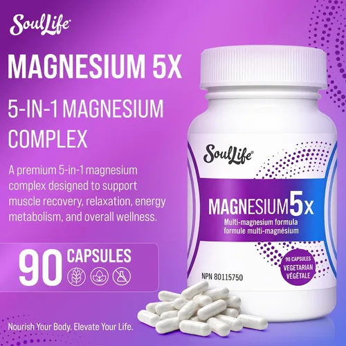 Vista 2 de SoulLife Magnesium5X - Complejo de magnesio 5 en 1 para hombres y mujeres - Apoya la función muscular, la relajación, la producción de energía