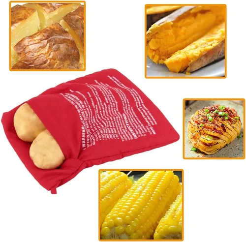 Vista 3 de Paquete de 3 bolsas de papas para microondas, con 3 cepillos de silicona para limpiadores de verduras, bolsa de papas horneadas reutilizable y Azul