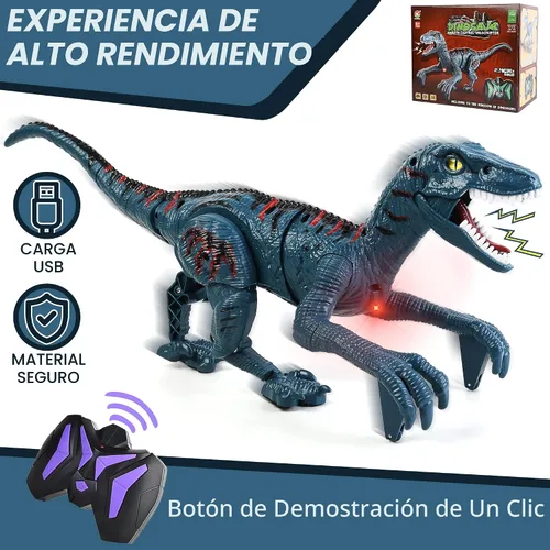 Vista 6 de Juguetes grandes de dinosaurio con control remoto para niños, juguetes de velociraptor jurásico que imita caminar y sonidos, juguetes robot que