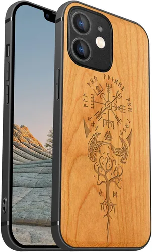 Vista 10 de Carveit Funda magnética de madera para iPhone 12 [madera real dura y TPU suave] a prueba de golpes, funda protectora híbrida única y elegante
