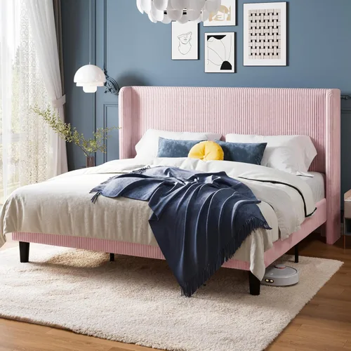 Vista 16 de Allewie Marco de cama tamaño completo con cabecera tapizada tipo wingback, cama plataforma de terciopelo de pana con capitoné de canales verticales