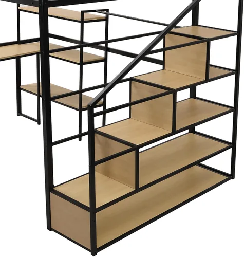 Vista 5 de SOFTSEA Cama alta de metal de tamaño matrimonial con escritorio y estantes, cama alta resistente con escalera y área de estudio para niños, marco