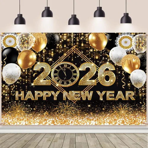 Vista 19 de AIBIIN Telón de fondo de 7 x 5 pies con texto en inglés «Happy New Year» 2026, noche de la ciudad, víspera de Año Nuevo, grandiosos fuegos Fuegos