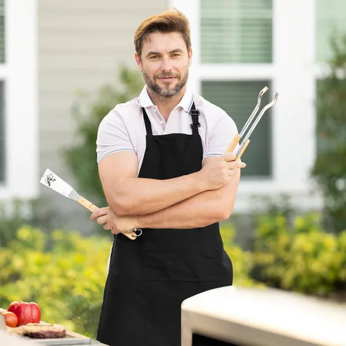 Vista 3 de Adjustable Bib Apron 100% Polyester Kitchen Aprons Waterdrop Resistant Aprons with Adjustable Strap, Pockets & Long Ties