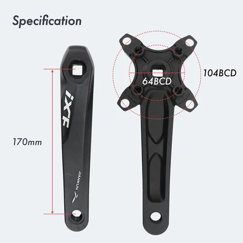 Vista 2 de DJC MTB - Juego de bielas cuadrado con agujero cónico 104BCD con plato 32 34 36 38T 6.693 in 6.890 in Bielas aluminio negro rojo