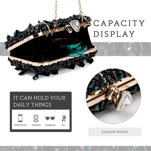 Vista 4 de Oweisong Bolso de mujer con diamantes de imitación de cristal negro para boda, bolso de hombro con cuentas de diamantes brillantes para graduación