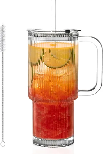 Vista 10 de KEMORELA Paquete de 2 vasos de vidrio acanalado de 26 onzas con asa y tapa, grandes tazas de café helado estéticas con pajitas, tazas de vidrio
