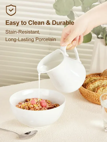 Vista 5 de Jarra de crema de leche de porcelana de 17 onzas con asa, crema blanca, apta para microondas y congelador