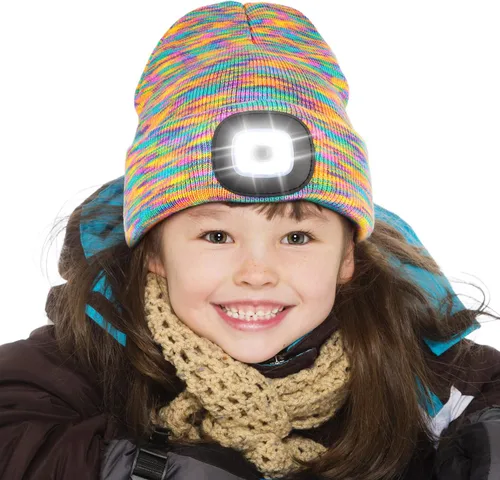 Vista 17 de Gorro LED para Niños, Unisex Gorro con Linterna Frontal Recargable de Invierno con Luz Nocturna, Regalos para Niños y Niñas Naranja