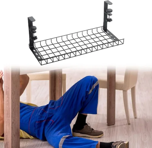 Vista 4 de Under Desk Cable Management Tray, Adjustable Carbon Steel Cable Raceway (35x18.5x19.5cm/13.8x7.3x7.7in) for Office Home Kitchen
