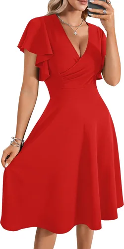 Vista 11 de LYANER Vestido de cóctel de manga corta con volantes y cuello en V, de línea A, con vuelo y estilo midi para mujer Negro puro