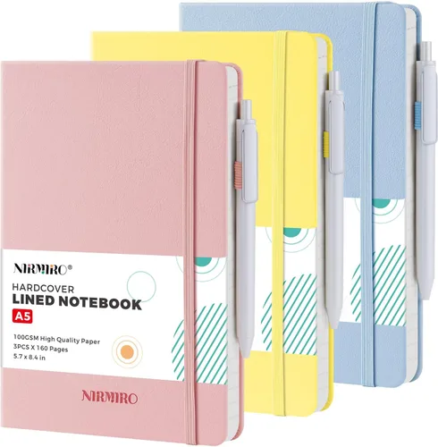 Vista 26 de Paquete de 3 cuadernos rayados con bolígrafo, cuadernos A5 (5.7 x 8.4 pulgadas) de tapa dura de cuero para mujeres y hombres, trabajo, 160 páginas