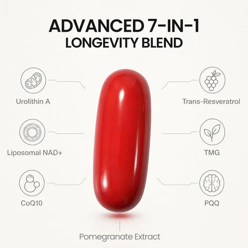 Vista 2 de Urolitina A Premium 7 en 1 Suplemento 1,800 mg, 120 cápsulas blandas