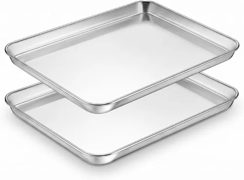 Vista 9 de TeamFar Juego de 2 sartenes para horno tostador, de acero inoxidable, 12.5 x 9.5 x 1 pulgadas, no tóxicas y saludables, sin óxido y acabado espejo