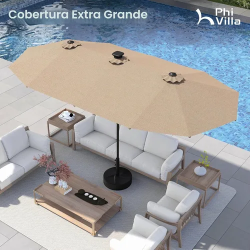 Vista 7 de PHI VILLA - Sombrilla para patio de 13 pies con luces LED de 120 piezas con alimentación solar que cambian de color, sombrilla grande de triple Beige
