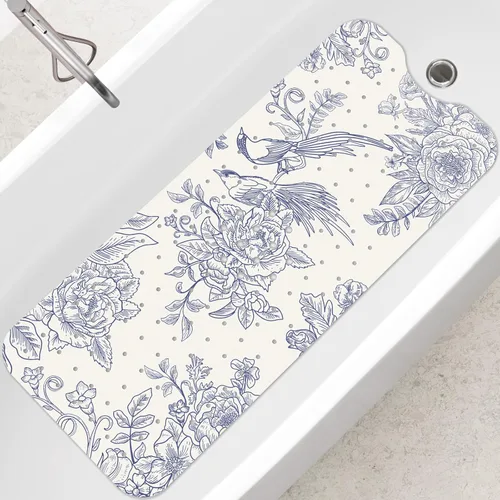 Vista 8 de SHUCHING - Alfombra de baño antideslizante azul para bañera de 40 x 16 pulgadas, estilo bohemio Tapete de bañera para ancianos sin moho, tapete
