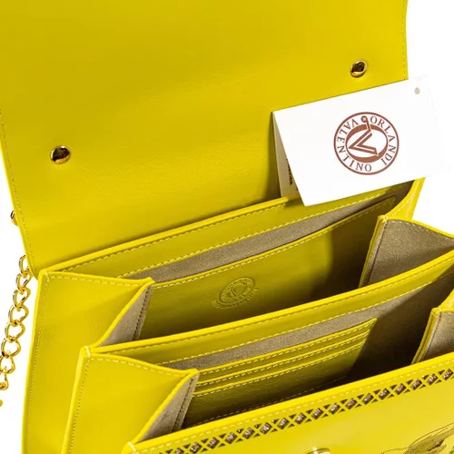 Vista 3 de Valentino Orlandi Bolso pequeño para mujer, diseño italiano, con asa superior, amarillo, bordado floral, bolso de cuero con correa de cadena, Onyx, M