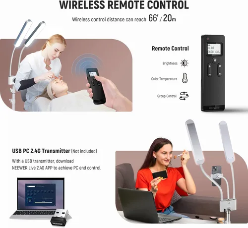 Vista 6 de NEEWER Kit de Luz de Esteticista con Soporte para Teléfono y Bolsa de Viaje, Soporte para Control 2.4G/PC/MAC y Control Separado de 2 Cabezales