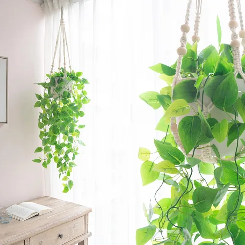 Vista 2 de Mkono Planta colgante falsa con maceta, plantas artificiales para decoración del hogar en interiores y suculentas artificiales, plantas falsas