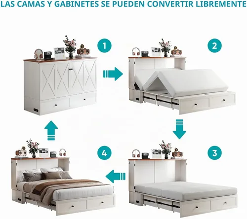 Vista 8 de BALUS Cama Murphy de tamaño matrimonial con colchón incluido, cama Murphy de 57 pulgadas de ancho con estación de carga USB y 2 cajones