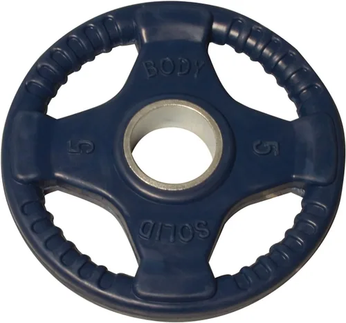 Vista 9 de Body-Solid Placa de goma con diseño de agarre cuádruple, discos de peso olímpicos con revestimiento de goma para levantamiento de pesas