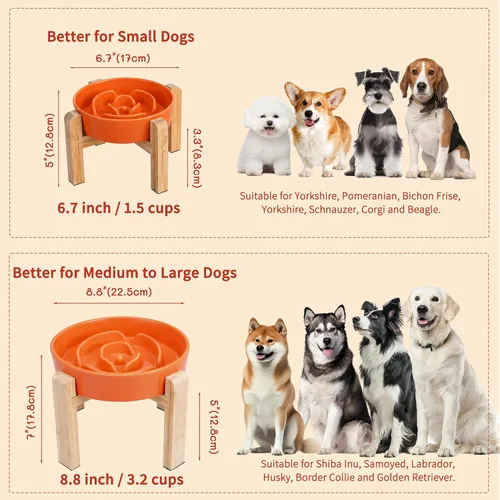 Vista 7 de Comedero Lento Elevado para Perros - Plato de Comida de Laberinto de Cerámica con Soporte de Bambú - Comedero Elevado para Comedores Rápidos - Ideal